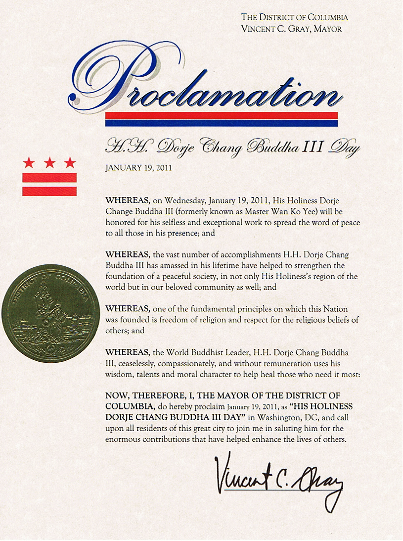 美國首都華盛頓D.C.市葛瑞市長宣布2011年1月19日為”第三世多杰羌佛日